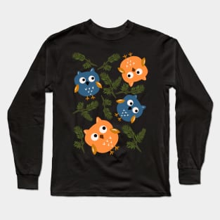 Owl And Pine Tree Pattern On Dark Blue Long Sleeve T-Shirt